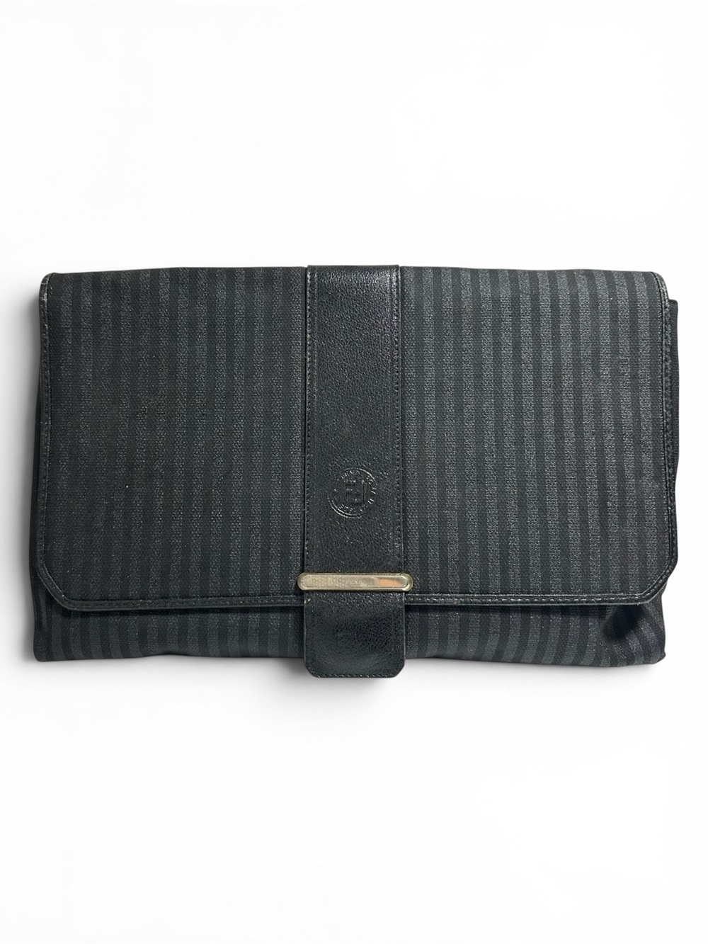 FENDI Black Leather & Canvas Striped Large Flap Fold Over Evening Clutch